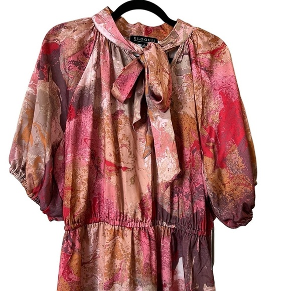 NWT ELOQUII Pink Red & Tan  Long Tie Neck Elastic Waist Dress - Picture 2 of 5